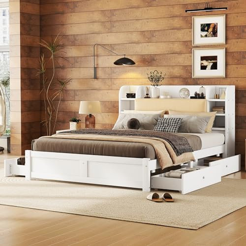 Merax Doppelbett Holzbett 160x200cm, Stauraumbett mit 4 Schubladen und Stauraum-Kopfteil, Funktionsbett mit Lattenrost, Stabil Flachbett Jugendbett, einfachen Stil Plattformbett, Ohne Matratze, Weiß