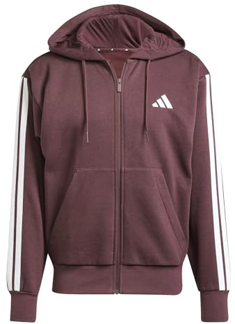 adidas Men's ESSENTIAL THREE STRIPES FLEECE ZIPPER HOODIE, aurora ruby/white, S