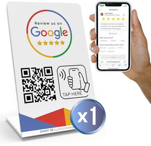 Soporte para reseñas instantáneas - 1 Soporte - QR & Tap NFC - Soporte Inteligente Reutilizable - Toca y escanea para Obtener reseñas - Funciona en Todos los teléfonos -