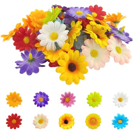 HDGSAFD 100 Stück Künstliche Blumenköpfe, Dekorative Kunstblumen, Gänseblümchen-Blumenkopf-Dekoration, Bunte Kunstblumen, DIY-Party-Heimdekoration