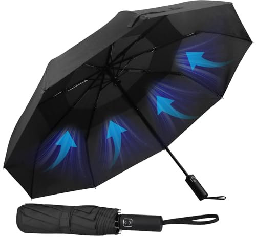 Hannstar Regenschirm - Taschenschirm - Öffnen und Schließen automatisch - Klein, kompakt, leicht, stark, winddicht und sturmfest Doppelt belüftetes Vordach- für Herren und Damen (Schwarz) (Schwarz)