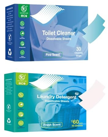 Eco-Friendly Laundry and Toilet Cleaning Sheets - Pine Scent, 60 Dissolvable Sheets for a Convenient, Sustainable, and Effective Cleaning Solution for Both Laundry and Bathroom Care.