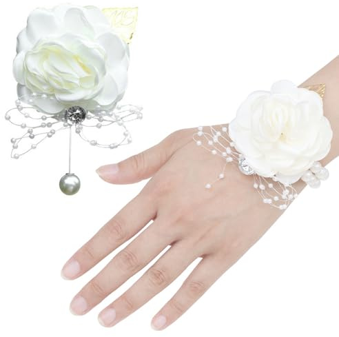 SSKHE 2 x Hochzeits-Ansteckblume für Abschlussball, weiße Korsagen, Rosen-Handgelenk-Ansteckblumen für Hochzeiten
