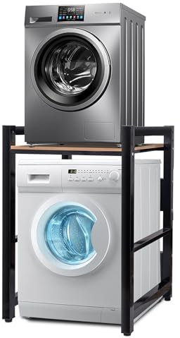 JXZ Supporto Lavatrice Asciugatrice, Mobile Sopra Lavatrice Salvaspazio, 3 Regolabili in Altezza, Capacità Portante 300kg Per Bagno, Lavanderia(Nero, Tavola di Legno)