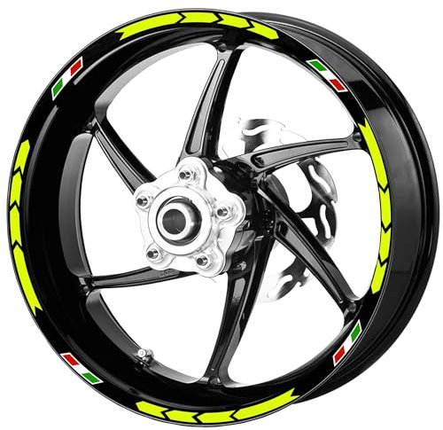 Pimastickerslab Set Completo Adesivi Strisce Cerchi Ruote Moto 17 Pollici Tricolore Bandiera Italia Filetto Cerchioni Gomme Race Sport Stickers Strips Universale RT0026 (029 Giallo Fluo)