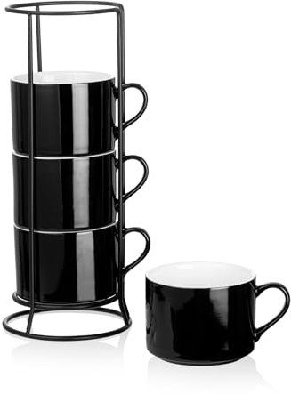 Meichu Juego de 4 tazas de espresso apilables de porcelana de 10 onzas y soporte de metal, color negro