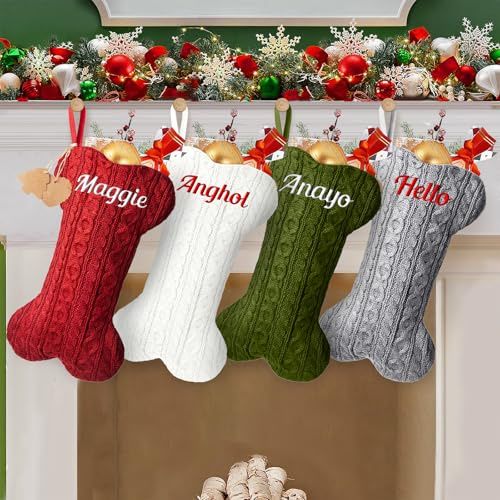 NIBESSER Weihnachtsstrumpf Hunde mit Namen Weihnachtsdeko Christmas Stockings Groß Gestrickt Nikolausstrumpf Geschenktasche für Haustier Personalisierte Xmas Socken Hundeknochen
