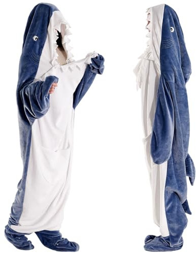 Tospass Hai Hoodie Decke Weich Flanell Tragbare Kuscheldecke Sweatshirt Kapuzenpullover Blau Hai Schlafsack Fleece Shark Blanket Tragbare Adult für Erwachsene Jungen Kinder 140x80cm