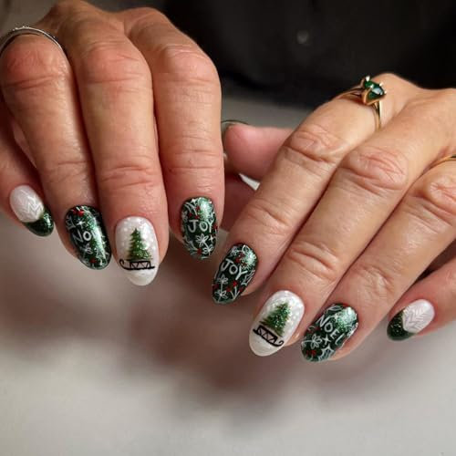 24 Stück Künstliche Nägel Press On Nails - Weihnachten Falsche Nägel Mandel Nägel Zum Aufkleben Kurz - False Nails für Damen und Frauen (Green Tree Design)