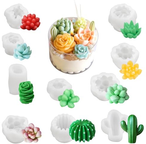 10 Piezas Moldes de Silicona para Velas - Cactus Suculento 3D, Forma de Suculento, Hechas a Mano - Moldes de Resina Epoxi