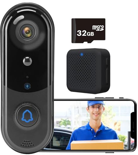 WLAN Video Türklingel mit Kamera, 1080P Kabellose Video Doorbell mit Gong, 32 GB SD-Karte, 2,4/5GHz WLAN Klingel Haustür mit PIR Personenerkennung, 2-Wege-Audio, 160° Ultraweitwinkel