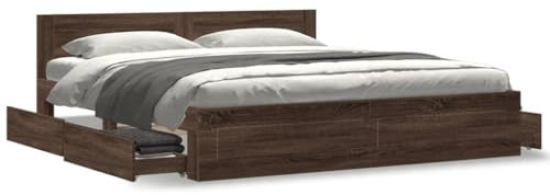 IKAYAA Bettgestell 200x200 mit Kopfteil Bett 200x200 mit schubladen Bettgestell mit Lattenrost Stauraumbett Holzbett -Braune Eiche-200 x 200 cm