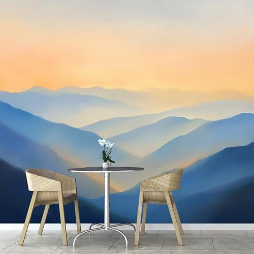 Papier Peint Panoramique Coucher Soleil Jaune Dessin Animé, 150×105cm Montagnes Bleues Papier Peint soie Personnalisé Photo Murale pour Salon Chambre d'enfants Décoration Murale