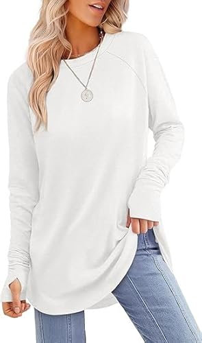 Womens Tunic Tops for Leggings Stylish & Comfy Tunic Tops for Women UK,Loose Fit Long Sleeve Jumpers,Sweatshirts with Thumbholes (UK, Alpha, M, L, Regular, Regular, Muiticolor-White)