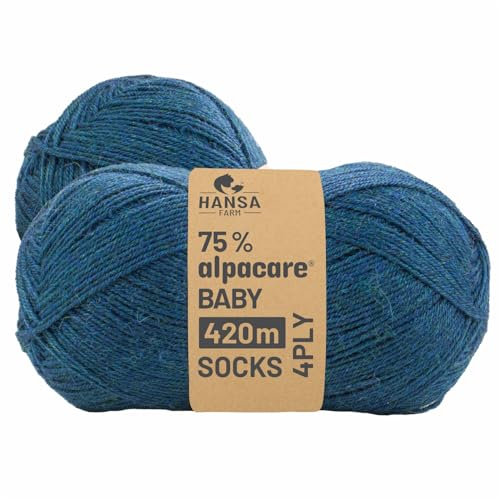 HANSA-FARM |alpacare 75% waschbare Baby Alpaka Socks 224g Set (2 x 112g) Sockenwolle kratzfreie Wolle zum Stricken & Häkeln - HF259 Deep Ocean Melange