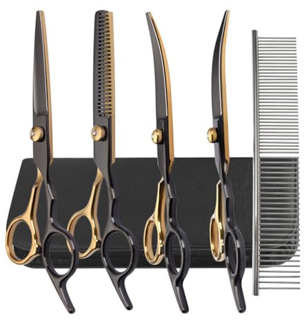 Hundepflege Schere Set, 7-in-1 Tierpflegeschere aus Edelstahl mit Runden Sicherheitsspitzen, Hundeschere Fellschere, Gebogene Katzen Trimmschere für Katzen und Hunde
