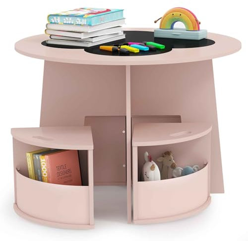 DREAMADE Kindertisch mit 4 Stühlen, Kindersitzgruppe mit 4 Stauraumhockern & Kreidetafel, Kinder Tisch Stuhl Set, Kinder Maltisch Aktivitätstisch Set für Kindergärten, Kinderzimmer, Spielzimmer (Rosa)