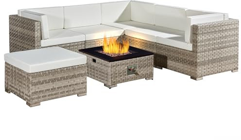 AFURNI 6 Seater Rattan Garden Furniture Set with Fire Pit Table,7 Pieces Grey Rattan Corner Sofa with Fire Pit,White Cushions and Footstool