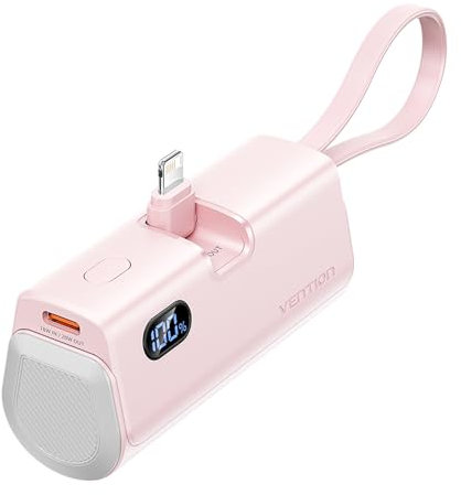 VENTION Mini Power Bank 4800mAh, 22,5W PD Schnellladung mit eingebautem faltbarem USB-C & Lightning Kabel, LED Display, tragbarer Akku für iPhone 15/14/13/12, iPad, Samsung, AirPods - Rosa