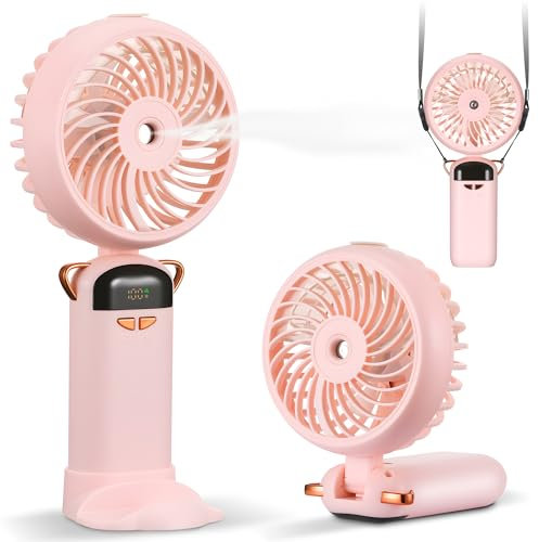 Kssvzz Mini Ventilateur Portable avec Brumisateur, USB Ventilateur Rechargeable à Main 5 vitesses, Petit Ventilateur de Poche avec Base, Pliable Ventilateur Portatif pour Voyages Bureau Maison (Rose)
