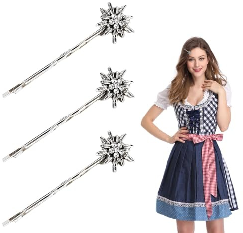 LONZIKP Edelweiss Haarspangen 3er Set Oktoberfest Haarschmuck für Damen Dirndl Trachten Accessoires Antik Silber Trachtenschmuck für Traditionelle Frisur