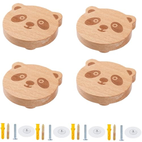 BOOLSFMAM 4 Stück Möbelknöpfe Holz Tiermotiven, Dekorative Holz-Kommodenknöpfe, Klebehaken, Ziehen, Möbelknäufe, Schubladengriffe, Wandhaken für Schränke, Kinderzimmer