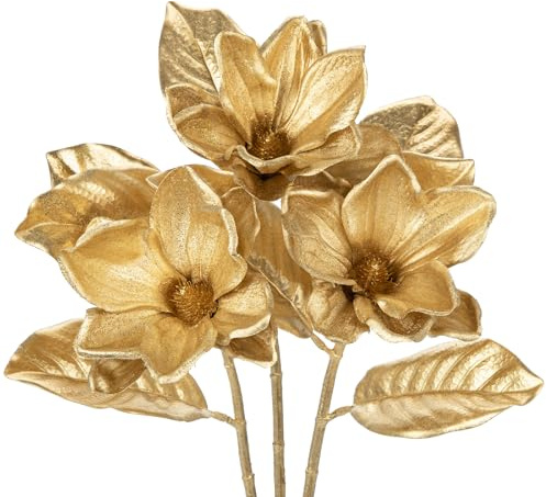 Oairse 3er-Set Künstlichen Magnolien, Glitzer Gold Künstlichen Magnolien für Freundin Frau am Muttertag Geburtstag Valentinstag Jahrestag, künstliche Blumen, Feiertage, Esstisch-Mittelstück