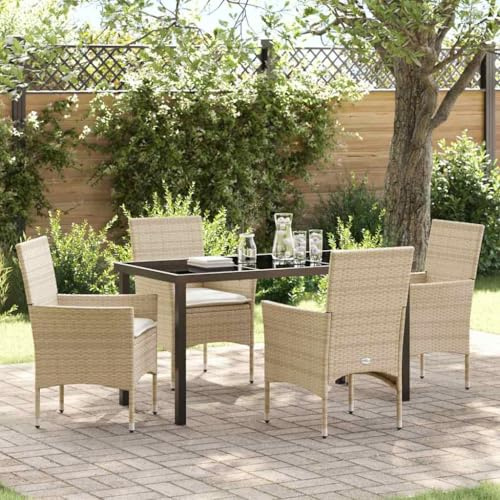 QJBSAVVA 5-Teiliges Gartenmöbel Set Beige Poly Rattan Tisch 140 x 70 x 73 cm Modernes Design Robust und Langlebig für Balkon Terrasse Garten und kleine Flächen