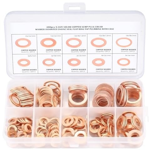 Arandela de Cobre, Plana Arandela Cobre, 200 Pcs/ M5 M6 M8 M10 M12 M14 | Kit de Surtido de Sellos de Anillo Plano para Junta, Accesorios Hidráulicos para Tapones de Sumideros Agua Combustible-