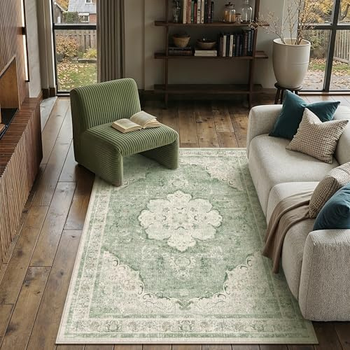 PureCozy Vintage Teppich Wohnzimmer Waschbarer 120x170cm Teppiche Grün | Waschbar Carpet,Rutschfest Carpets, Kurzflor,Kinderzimmer,Schlafzimmer,Bettvorleger,BüRo,Esszimmer,Groß Weich Rug