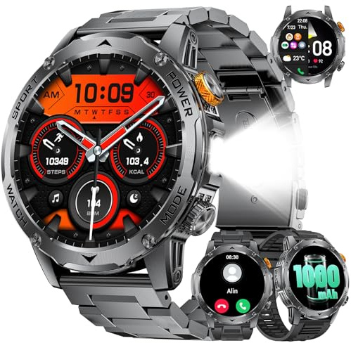 FITFLEX Smartwatch Uomo, Batteria 1000mAh, Schermo HD 1,75 Pollici, Design Militare, Chiamate Bluetooth, 130+Sports, Impermeabile IP68, Monitoraggio Cardio e Sonno Smart Watch, Android iOS, Nero