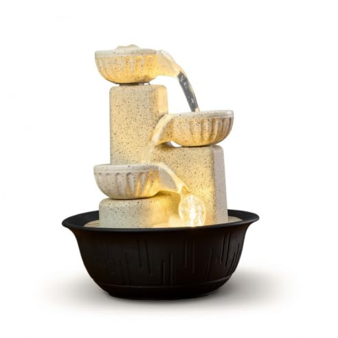 MotiveTech Fontaine Table Compacte Fontaine Décorative avec Lumière Alimentation USB Déversement Table pour Méditation, Blanc Cassé + Bassin Blanc, Pompe À Eau USB