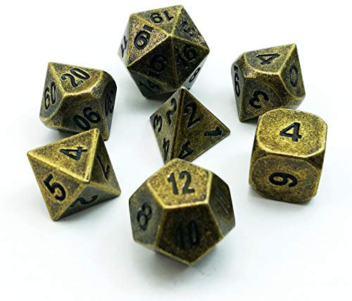 Bescon Alte Messing Solide Metall Polygonal Würfel Spielwürfel Würfeln für DND Dungeons und Dragons, Ancient Brass Metallic RPG - Rollenspiel Polyedrische Dice 7pcs Set d4 d6 d8 d10 d12 d20 d%
