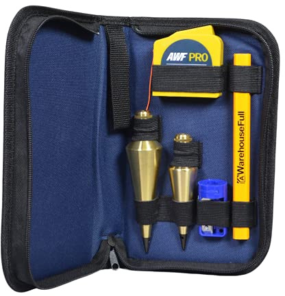 AWF PRO Plumb Bob Kit - 16 oz and 8 oz Solid Brass Plumb Bobs, 14 ft Retractable Line Reel with Magnetic Base, 2 Pencils, Pencil Sharpener, Carrying Case