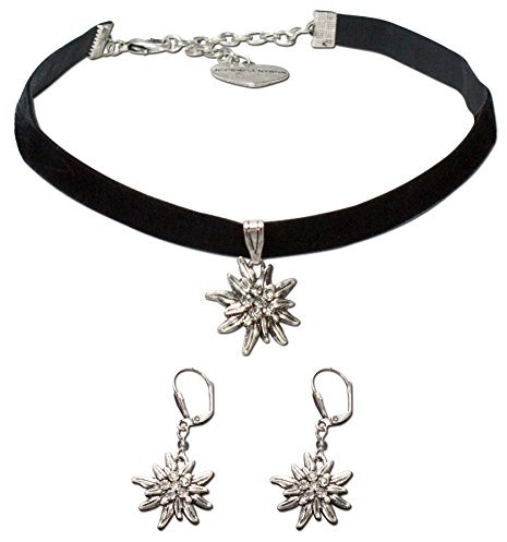 Alpenflüstern Trachtenschmuck-Set Trachten-Samt-Kropfband und Ohrhänger Strass-Edelweiß - Damen-Trachten-Schmuck, Trachtenset Trachtenkette und Trachten-Ohrringe schwarz SET015