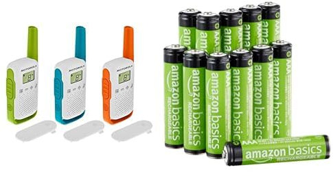 Motorola Talkabout T42 Triple PMR-Funkgeräte (3er Set, PMR446, 16 Kanäle, Reichweite 4 km) & Amazon Basics Vorgeladene NI-MH AAA-Akkus - Akkubatterien, 800 mAh, 12 Stck