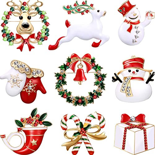 Hicarer 9 Stück Weihnachten Broschen Set mit Strass für Frauen, Kristall Süße Emaille Pins Schneemann Glocken Weihnachtsbäume Schmucknadeln für Weihnachten Dekorationen (Handschuhe Set)
