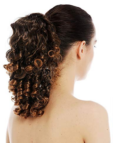 WIG ME UP - SC-31-4T27 Haarteil Pferdeschwanz Zopf große Butterfly-Klammer Locken Spirallocken gelockt voluminös Braun Blond gesträhnt
