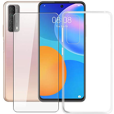 HHUAN Custodia + Vetro Temperato per Huawei P smart 2021 (6.67), Trasparente Ultra Morbida Silicone TPU Bumper Cover Case e 9H Durezza HD VetroPellicola Protettiva - Clear