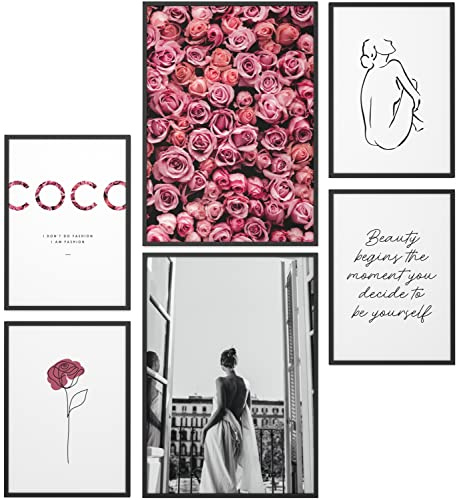 Papierschmiede® Set Mood Posters, Tableau Décoration Murale « Coco Rose Love » cadres en bois laqué noir, Bureau, Salon, Deco Chambre Parentale, Cuisine, 2x A3 et 4x A4, fleurs rose pétales
