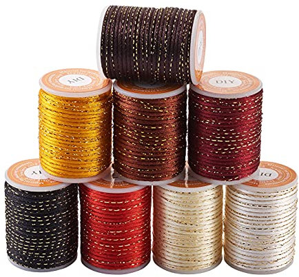 Beadthoven - 8 rotoli di cordino in poliestere da 1,5 mm, cordino intrecciato metallico dorato per nodi cinesi, codini, macramè, perline, gioielli, 4 m/rotolo