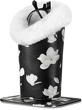 MoKo Eyeglasses Holder, Modern Velvet Plush Lined PU Leather Household Magnetic Holder Protective [Anti-scratch] [Dustproof] Stand Case for Eyeglass and Sunglasses, Black & White Magnolia