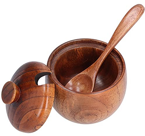 Contenedor de Sal de Madera, Caja de Condimentos Duradera Fácil de Usar Contenedor de Especias Pequeño Frasco de Condimentos para el Hogar con Tapa de Madera Y Cuchara para de Azúcar Y Sal