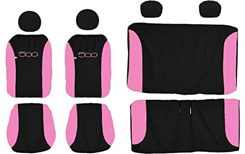 Rebeca Shop 500_Hybrid- Copri-sedili Auto Compatibili 500 Hybrid 2021 | Set Coprisedili Anteriori e Posteriori | Logo Ricamato | Airbag Compatibili | Accessori Interni (Nero/Rosa)