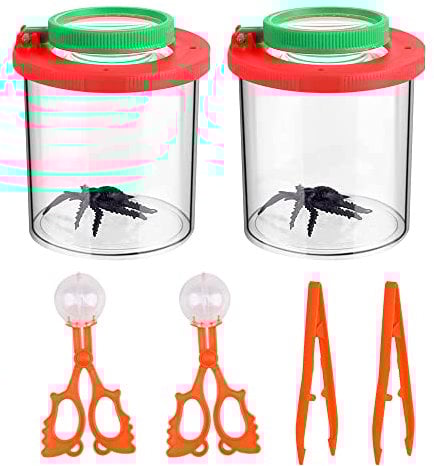 Gobesty 2 Stück Becherlupe Set, becherlupen lupenglas für Kinder, becherlupen Mit Plastik Pinzette Lupendose Lupenbecher, Vergrößerung Insektenbox für Insekten Kinder forschen Wissenschaft/Biologie