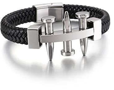 Wycian Zilveren Armband, Armbänder Herren Leder Breit Einfacher Nagel 21.5CM Rostfreier Stahl für Männer Frauen