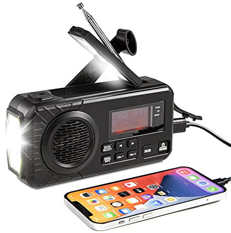 Radio Digitale DAB/FM Batteria da 4000mAh Radio di Emergenza Solare con Funzione di Ricarica Mobile USB Radio da Campeggio con Torcia a LED Lampada da Lettura Allarme SOS Manovella Portatile