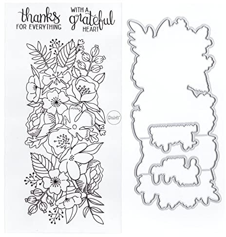 DzIxY Blumen Englische Wörter, transparente Stempel und Metall-Stanzformen, Sets für Kartenherstellung, Scrapbooking, Papierbedarf, Dichtungen, Aufbewahrungstaschen