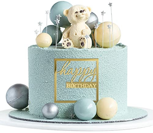 BETESSIN 2Pcs Happy Birthday Cake Topper Tortendeko Gold Acryl Kuchen Deko Quadratisch Geburtstag Kuchen Torten Dekoration Spiegel Kuchenaufsatz Tortenaufsatz