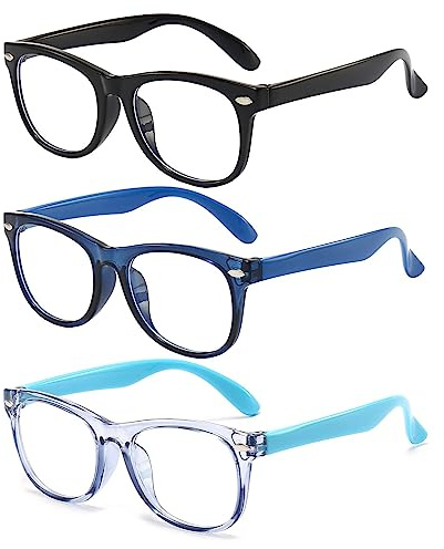 FANNYGO 3 Pack Kid Blue Light Glasses For Kids Girls Boys Computer Blue Light Kids Glasses Clear Glasses Age 3-9 (Black + Dark blue + Light blue)